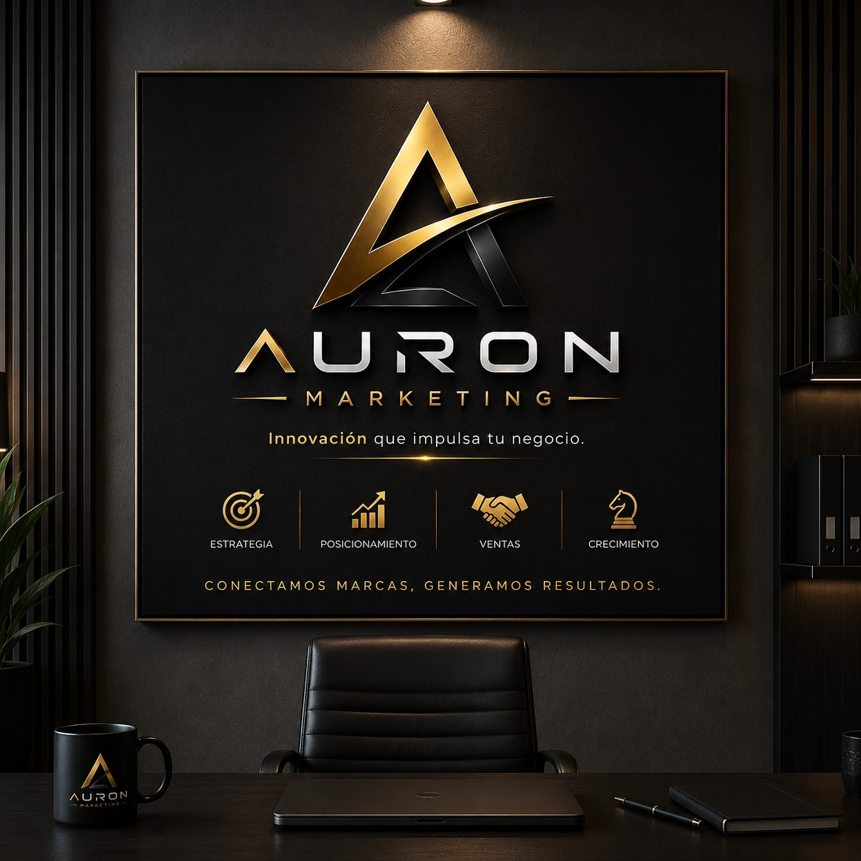 Aplicación de identidad de Auron Marketing en oficina