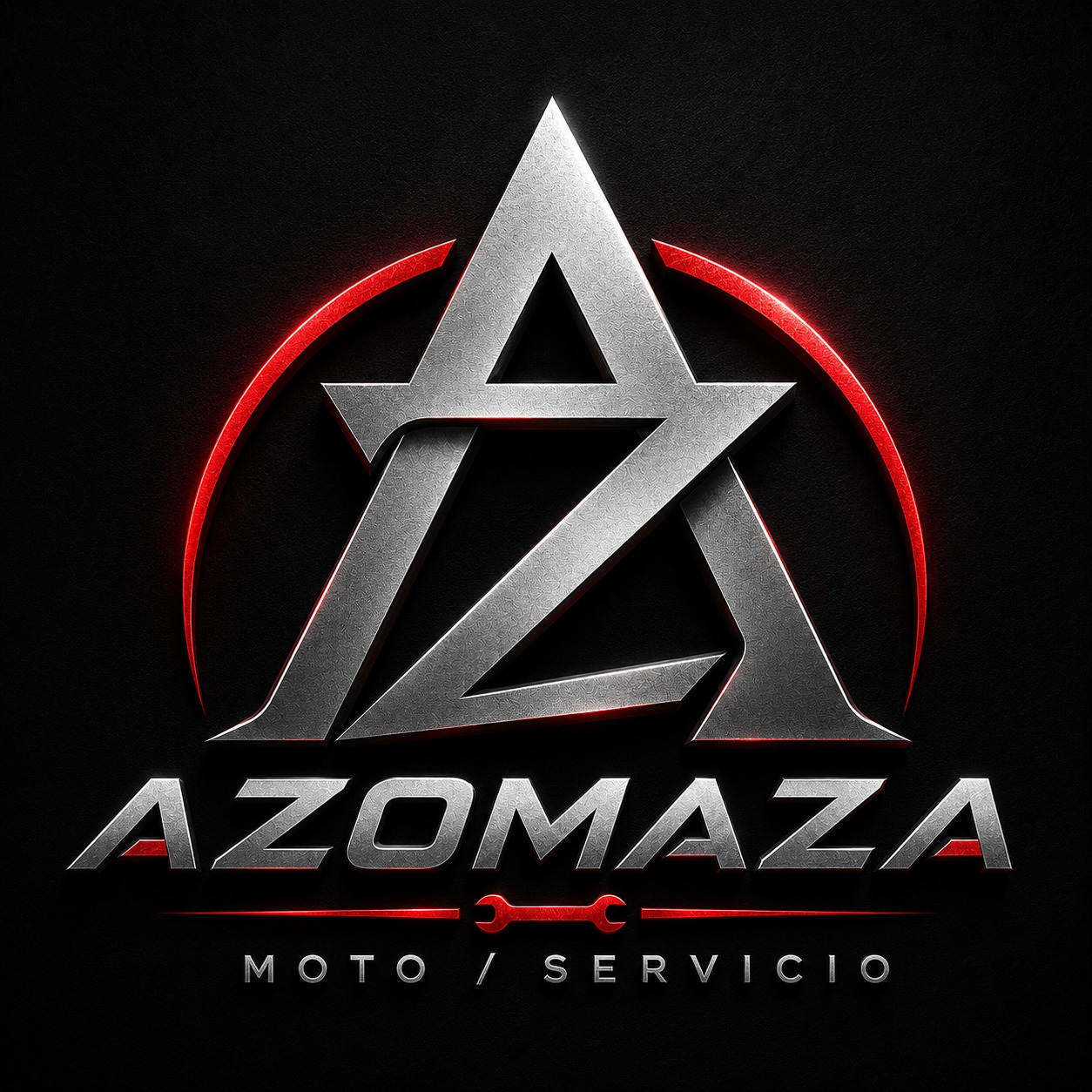 Logotipo metálico rojo y plateado de Azomaza Moto Servicio