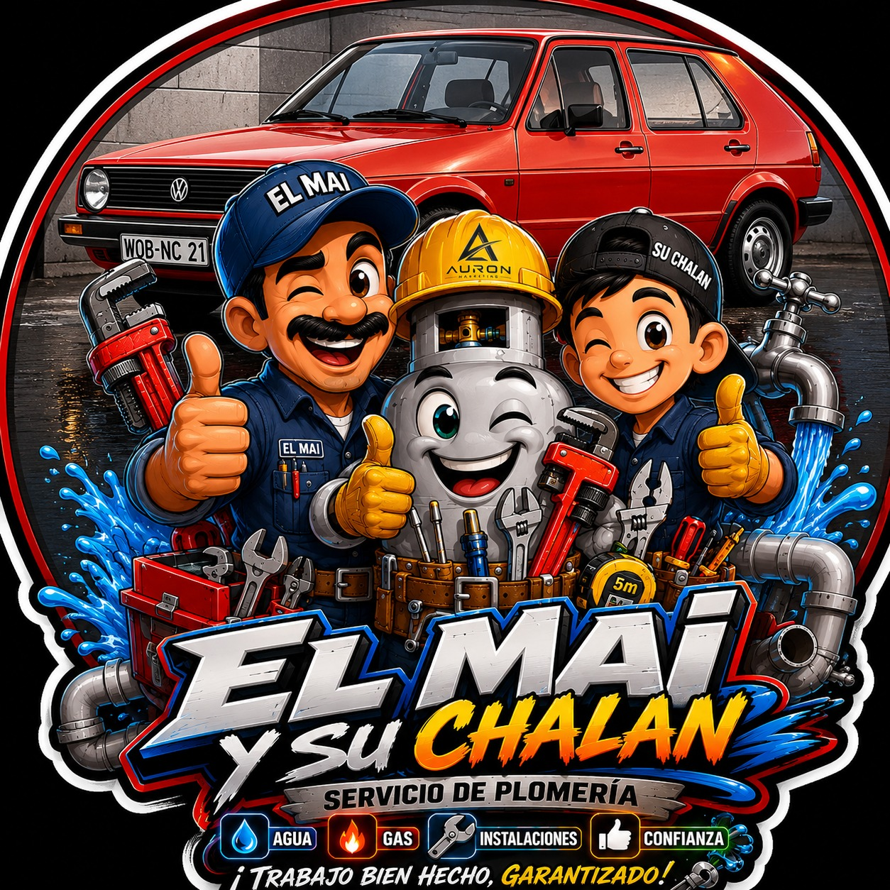 Identidad ilustrada para servicio de plomería El Mai y su Chalán