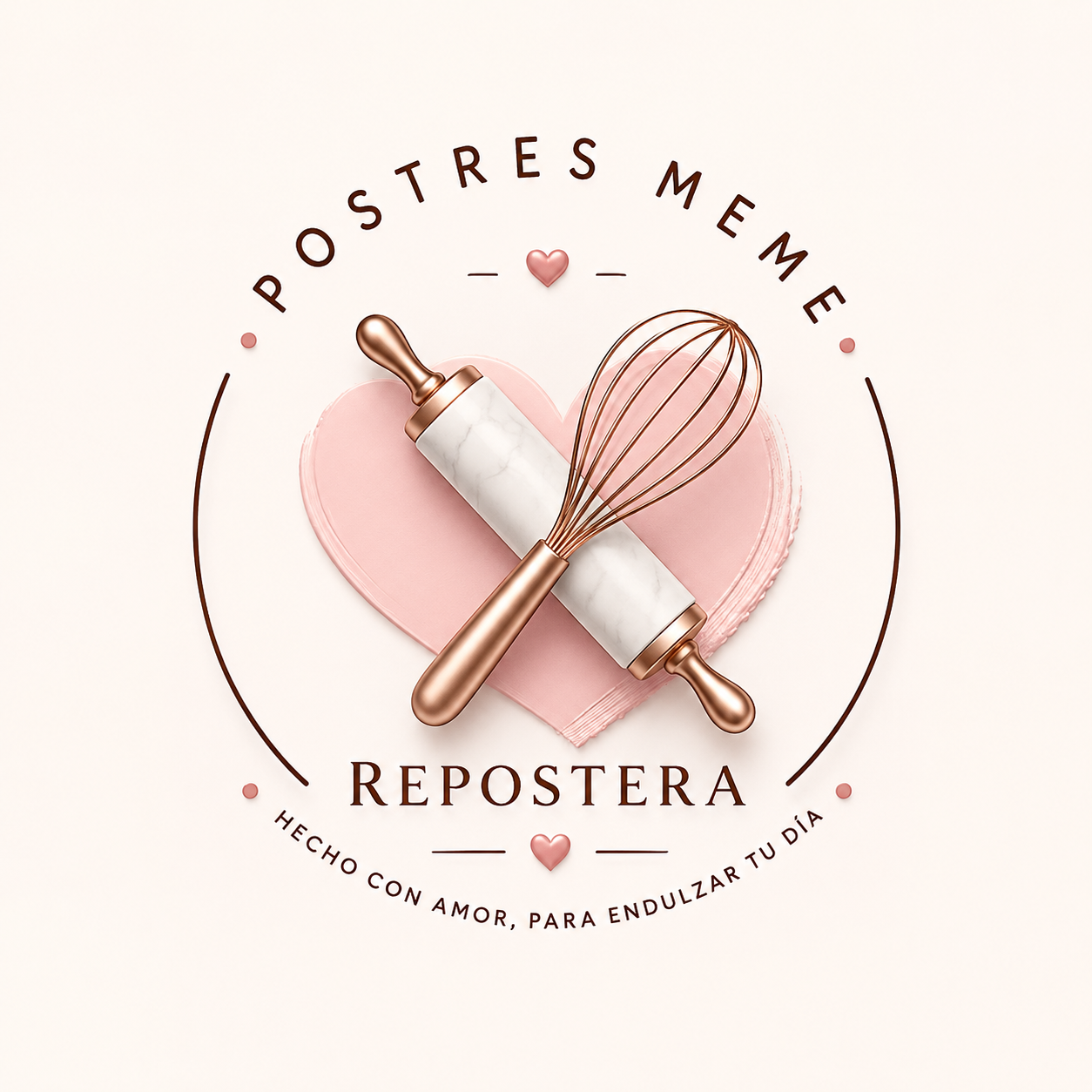 Logotipo de repostería en tonos rosa y cobre para Postres Meme