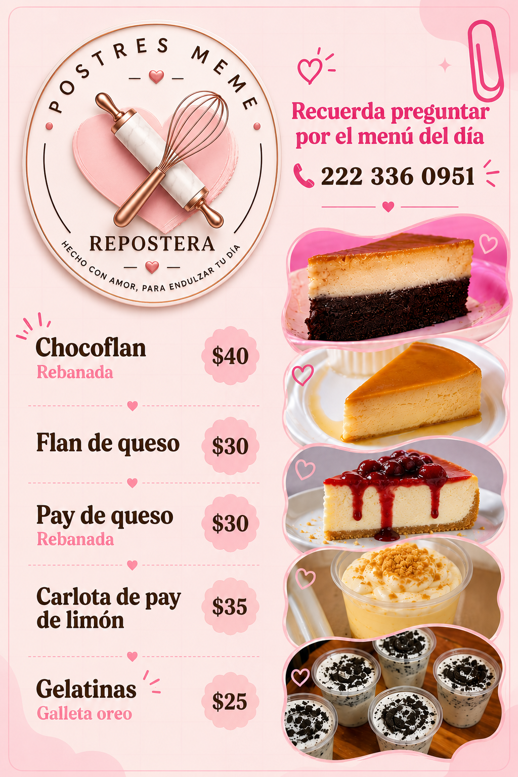 Menú promocional rosa para la repostería Postres Meme